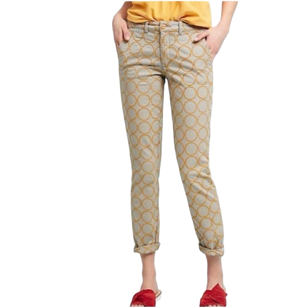 ANTHROPOLOGIE Chino Embroidered Circles Relaxed Fit Pants Tan/Blue/Gold Size 27 - Picture 3 of 12